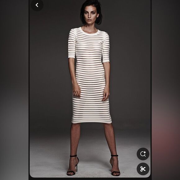 Nellie Partow SS 2015 Black ribbed sheath slip pencil midi dress 3/4 sleeve Sz M - Picture 2 of 12